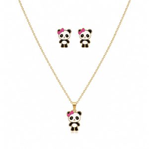 Juego cadena arete de panda con lazo rosa para niñas