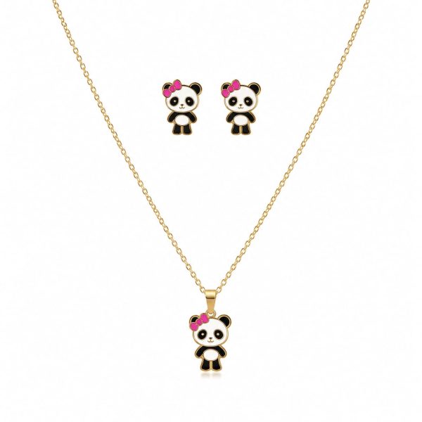 Juego cadena arete de panda con lazo rosa para niñas