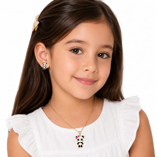 Juego cadena arete de panda con lazo rosa para niñas