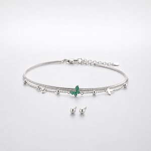 Tobillera doble cadena mariposa verde plateada