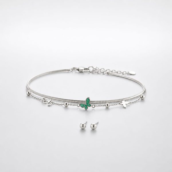 TDCMVP1001-1 Tobillera doble cadena mariposa verde plateada